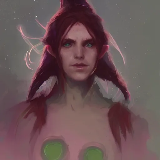 Image similar to a beautiful elf Druid girl with red hair and glowing green eyes , trending on ArtStation , concept art by greg rutkowski