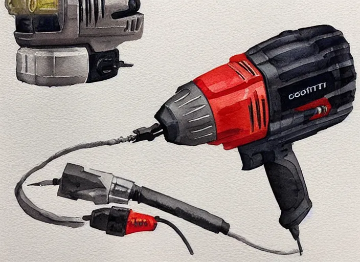 Image similar to concept art of a electril drill tool, pinterest, artstation trending, behance, watercolor, by coby whitmore, silver, laser light,