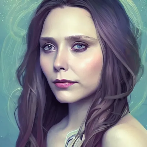 Prompt: portrait of Elizabeth Olsen as a sorceress, looking at camera, D&D, intricate, elegant, stylish, cute smile, mouth slightly open, fantasy, extremely detailed, digital painting, artstation, concept art, smooth, sharp focus, illustration, stunning lighting, art by artgerm and greg rutkowski and alphonse mucha and simon stalenhag.