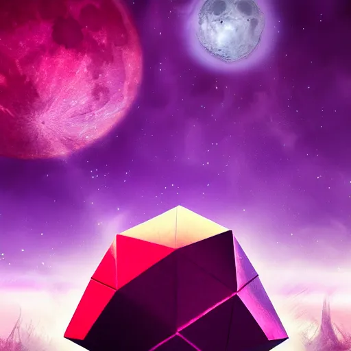 Prompt: destruction of the purple moon and the triangular cube, dramatic, artstation, digital art, 4 k