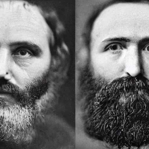 Image similar to portrait, face, symmetrical, left half old bearded man, right half young boy