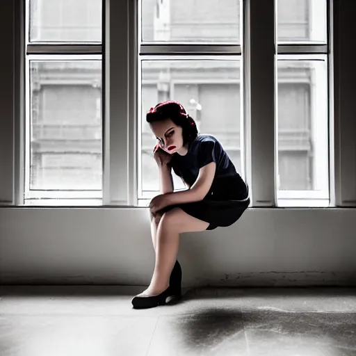 Prompt: portrait of a beautiful girl with dark hair that's styled in a 1940's fashion, dressed in a white t-shirt, sitting in an apartment alone by a window that overlooks a futuristic city, nighttime, mood lighting, ambient lighting, dynamic lighting, low-key neon lighting, 4k, HQ, official media, anime key visual, makoto shinkai, ilya kuvshinov, lois van baarle, rossdraws, detailed, trending on artstation