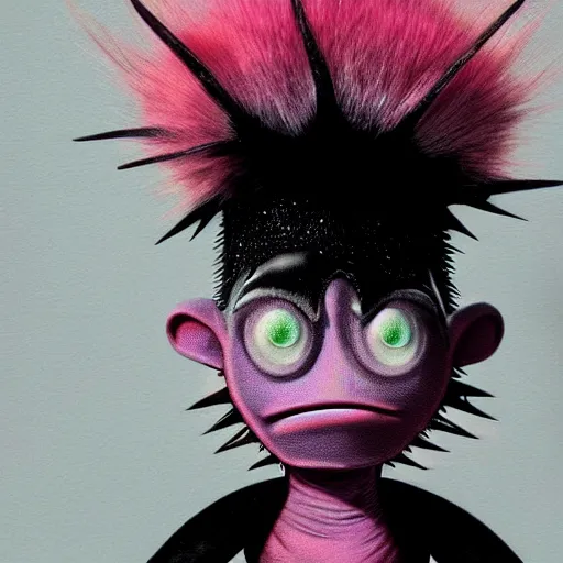 Prompt: a pink punk rock alien with black spiked hair, an airbrush painting by Jamie Hewlett, cgsociety, symbolism, antichrist, aesthetic, 8k