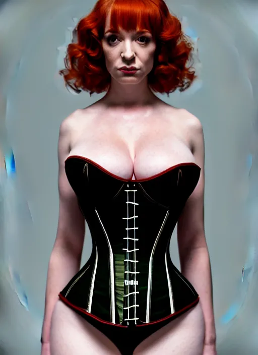 Image similar to symmetrical!! highly detailed upper body photograph of christina hendricks wearing a corset, looking at the camera!! shiny skin, zeiss lens, canon eos, unreal engine, redshift, octane render, global illumination, radiant light, detailed and intricate