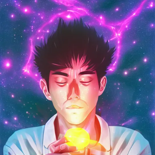 Prompt: A man drinking a cup of cosmic energy, bright light, by Masafumi Harada, 4k, digital art, surreal, anime style, space dandy style, highly detailed, godsend, artstation