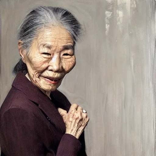 Image similar to portrait of an elderly Japanese woman dressed on a suit and tie, her gray hair in a tight bun, a serious expression on her face, oil on canvas, elegant pose, masterpiece, Jonathan Yeo painting