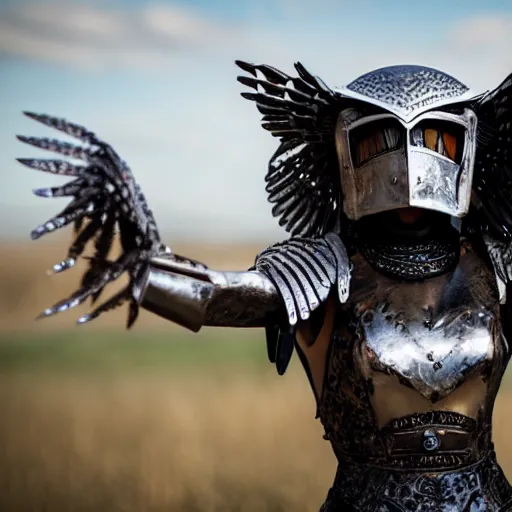 Prompt: photo woman in metal owl armour