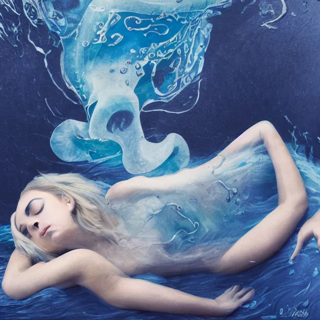 Image similar to a female art student falling asleep, iceberg, dark, sensual, dreamy, waves, swirls, blue drips, fish, blueberries, octopus, neo - impressionist, surrealism