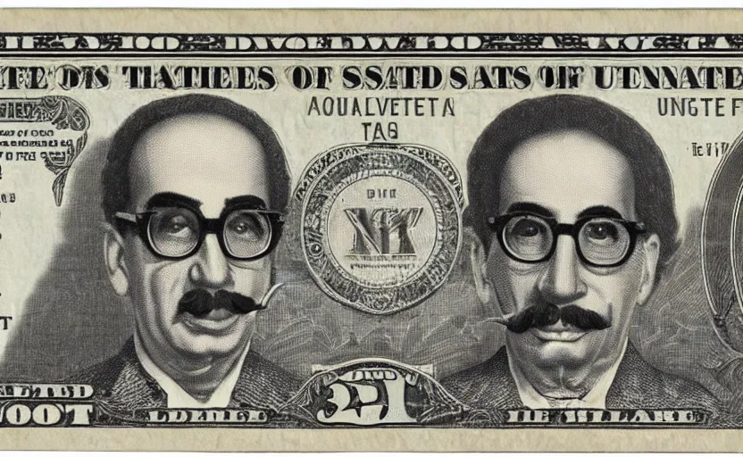 Prompt: rectangular photograph of three dollar u. s. currency note featuring groucho marx