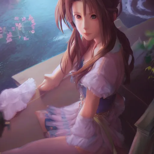 Image similar to high quality art of aerith gainsborough by WLOP, rossdraws, Logan Cure, Mingchen Shen, BangkuART, sakimichan, yan gisuka, JeonSeok Lee, zeronis, Chengwei Pan on artstation