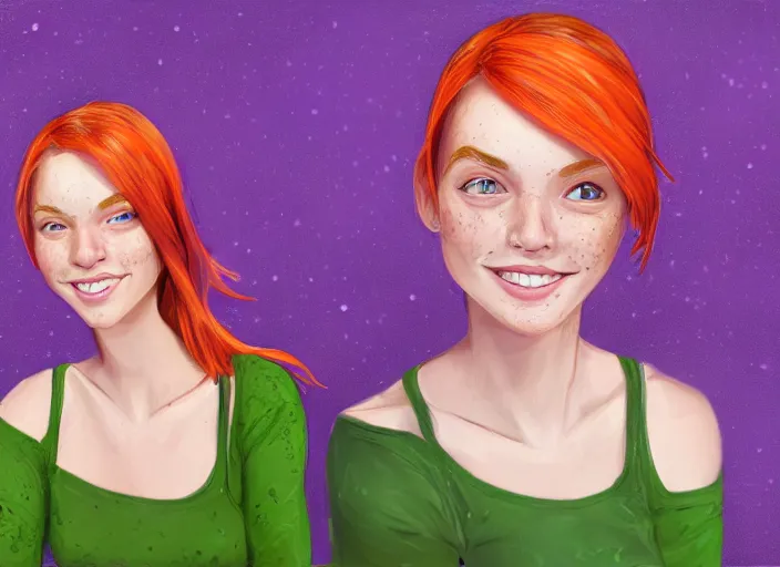 Image similar to portrait of a beautiful smiling girl with orange hair and freckles, green eyes, highly detailed, digital painting, concept art, smooth, sharp, focus, background is purple, trending on deviantart, by Jacqueline E