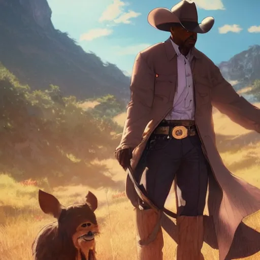 Image similar to old jamie foxx as a cowboy, single subject, scenic full shot, ambient lighting, detailed face, by makoto shinkai, stanley artgerm lau, wlop, rossdraws