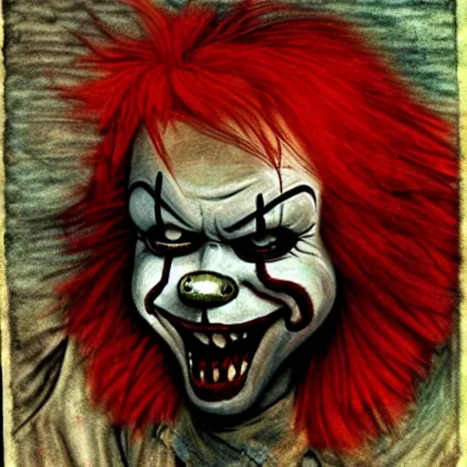Prompt: grunge drawing of a happy pennywise in the style of the grudge | horror themed | loony toons style