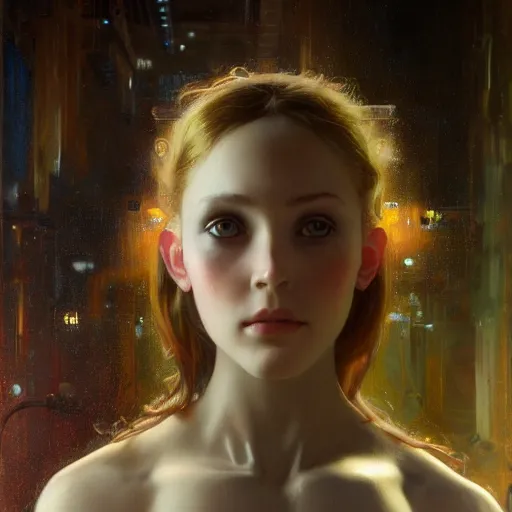 Image similar to hyperrealist portrait of a pretty young female robot with large eyes standing in front of a computer simulation by jeremy mann and alphonse mucha, fantasy art, photo realistic, dynamic lighting, artstation, poster, volumetric lighting, very detailed faces, award winning