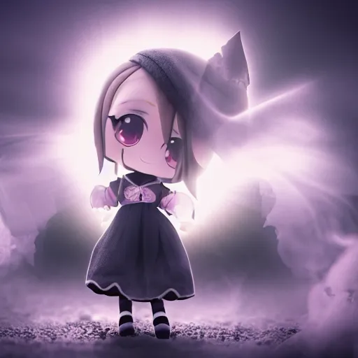 Image similar to cute fumo plush girl gazing into a crystal ball swirling with strange energy, black and white, smoke and volumetric fog, witch girl, soothsayer, lens flare glow, chibi anime, vray