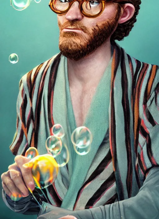 Image similar to an anthropomorphic beautiful male wizard portrait blowing bubbles wearing stripes robe, curly hair, fine art, award winning, intricate, elegant, sharp focus, octane render, hyperrealistic, cinematic lighting, highly detailed, digital painting, 8 k concept art, art by jamie hewlett and z. w. gu, masterpiece, trending on artstation, 8 k