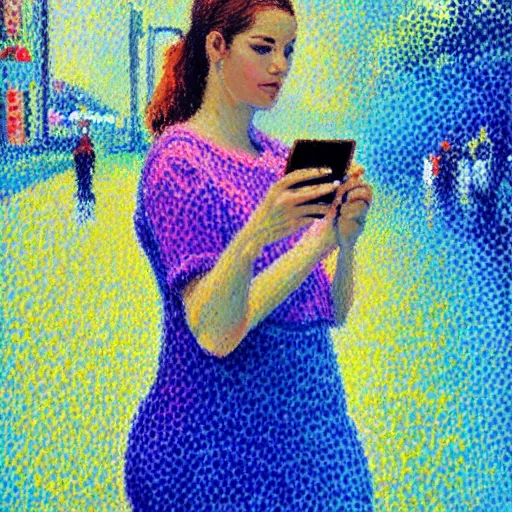 Prompt: a vivid modern impressionist painting of a beautiful woman with a smartphone, oil on canvas, pointillism, trending on artstation