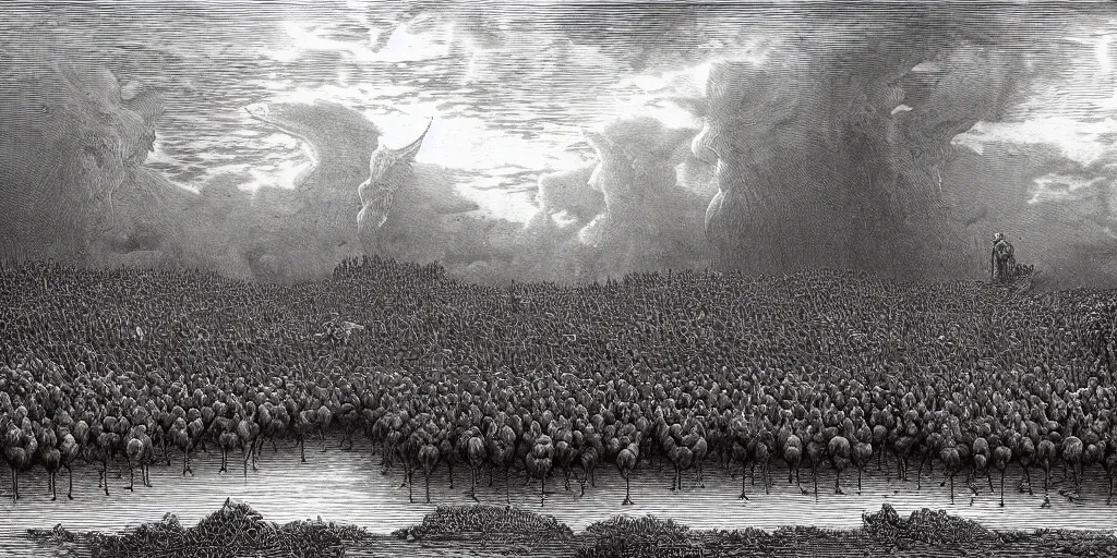 Image similar to angry geese guarding the gates of hell, art by gustave dore