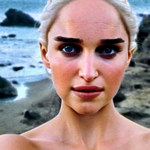 Image similar to a selfie of daenerys targaryen played by a young natalie portman, smooth skin, light violet eyes, ethereal beauty, medium shot, detailed eyes, vivid, golden hour