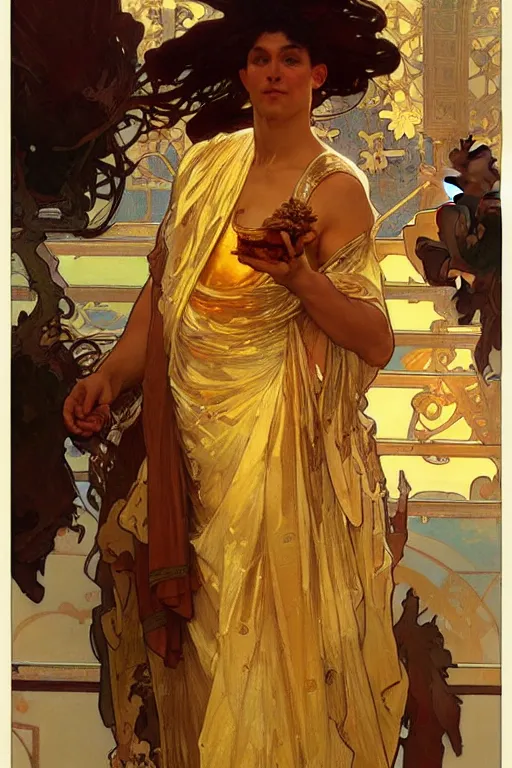 Image similar to A god wearing golden clothes, eating ice cream, fantasy, painting by greg rutkowski and alphonse mucha