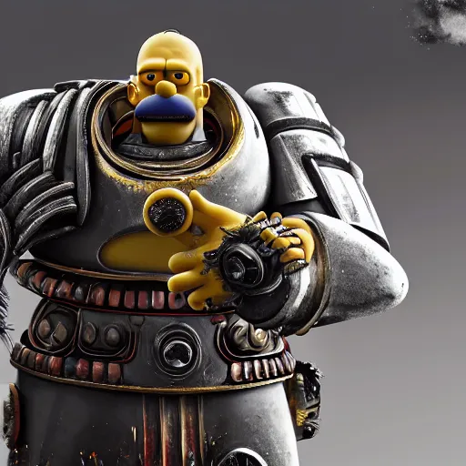 Image similar to Portrait of Homer Simpson as the emperor of humanity from warhammer 40k in Gears of War, splash art, movie still, cinematic lighting, dramatic, octane render, long lens, shallow depth of field, bokeh, anamorphic lens flare, 8k, hyper detailed, 35mm film grain