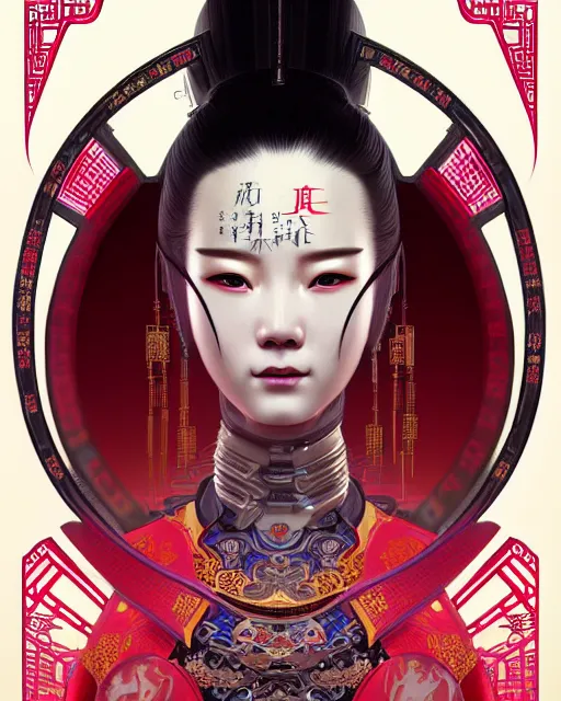 Image similar to portrait of a chinese cyberpunk machine, machine face, robed, upper half portrait, decorated with chinese opera motifs regal asian machine robot cyberpunk fine china, wuxia, traditional chinese art intricate intense elegant highly detailed digital painting artstation concept art smooth sharp focus illustration, art by artgerm and greg rutkowski alphonse mucha 8 k