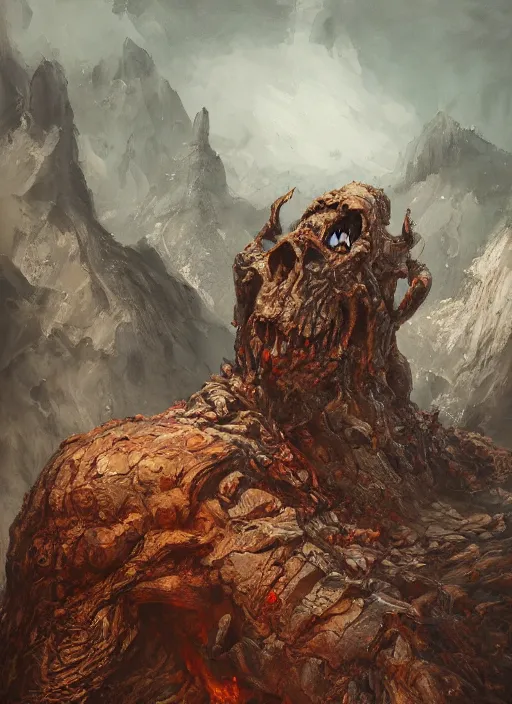 Image similar to a monster in the mountains of hell, oil painting by tomasz jedruszek, cinematic lighting, pen and ink, intricate line, hd, 4 k, million of likes, trending on artstation