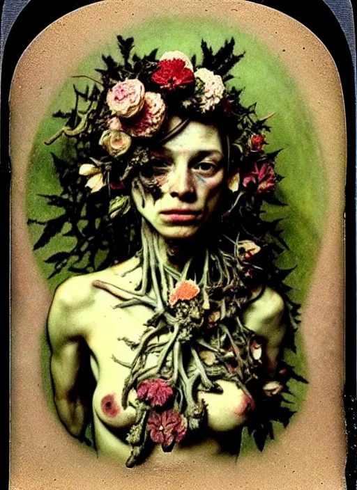 Image similar to beautiful and detailed rotten woman made of plants and many different types of flowers, muscles, intricate, organs, ornate, surreal, john constable, guy denning, gustave courbet, caravaggio, romero ressendi 1 9 1 0 polaroid photo