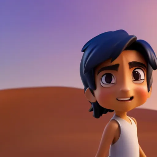 Image similar to profile view of young aladdin as nendoroid walking in a desert in the croods movie style, anime, disney, pixar, 8 k, hd, dof, kodak film, volumetric lighting, subsurface scattering, photorealistic, octane render, details