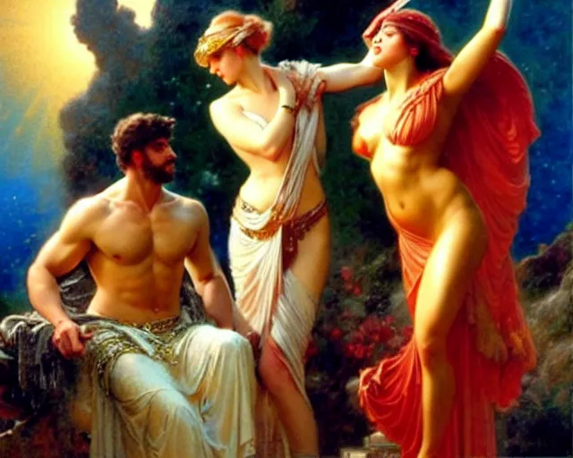 Prompt: distracted boyfriend meme of zeus ignoring hera to look at adonis, painting by gaston bussiere, craig mullins, j. c. leyendecker