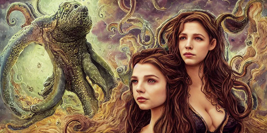 Prompt: Fantasy fairytale style portrait painting, Great Leviathan Turtle, cephalopod, Cthulhu Squid, hybrid, Mythic Island, center Universe, accompany Cory Chase, Blake Lively, Anya_Taylor-Joy, Grace Moretz, Halle Berry, Mystical Valkyrie, Anubis-Reptilian, Atlantean Warrior, hybrid, intense fantasy atmospheric lighting, hyperrealistic, William-Adolphe Bouguereau, François Boucher, Michael Cheval, Oil Painting, Cozy, hot springs hidden Cave, candlelight, natural light, lush plants and flowers, Spectacular Mountains, bright clouds, luminous stellar sky, outer worlds, Jessica Rossier, michael whelan, Solar Flare HD,