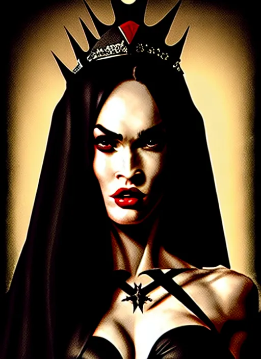 Image similar to megan fox witch queen, black eyes, blood, full body, intricate victorian dress, middle shot, cinematic lighting, studio quality, symmetrical eyes, caravaggio, artgerm, joshua middleton, rafael albuquerque, moody lighting, candles