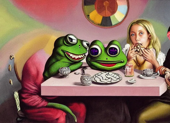 Prompt: hyper realistic detailed painting of a heavy tattooed pepe the frog family in baroque clothes in mid 70s italian restaurant eating simple grey metallic tungsten cube with roasted rainbow and sipping on hopium with a doom juice by Andrei Tarkovsky, Adrian Ghenie, Storm Thorgerson, and Beeple, semi naive, rich deep colors, Hilma af Klint color palette, cinematic, very coherent symmetrical artwork, cinematic, hyper realism, high detail, 8k, last supper composition, octane render. Beksinski painting, part by Adrian Ghenie and Greg Hildebrandt. art by Neo Rauch. masterpiece