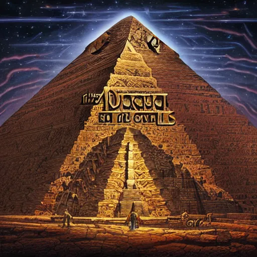 Image similar to the anunnaki gods have returned to the pyramids. a cover of a death metal LP, highly detailed, art, dark and grungy, 4k, 8k, trending on artstation, style of dan mumford and Andrew Ferez