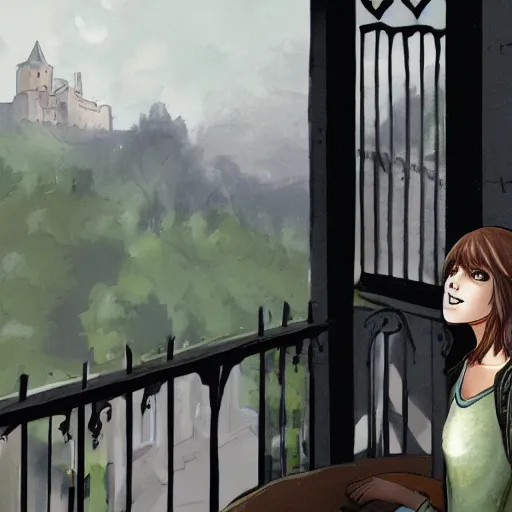 Image similar to A illustration of Max Caulfield on the balcony of a castle