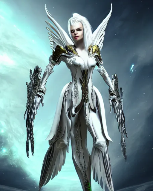 Prompt: tall, attractive white haired annunaki wearing white dove wings, warframe armor, regal, attractive, ornate, sultry, sexy, beautiful, elize theron, pretty face, green eyes, scifi platform, 4 k, ultra realistic, epic lighting, illuminated, cinematic, black gold, art by akihito tsukushi, voidstar