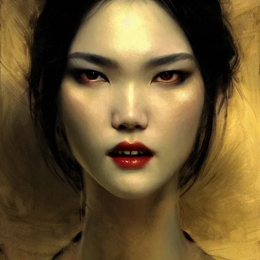 Image similar to detailed cinematic wide shot of beautiful attractive tao okamoto asian vampire woman slim face symettrical face clean skin black eyes black robe smooth, sharp focus, ultra realistic, spring light, painting by gaston bussiere, craig mullins, j. c. leyendecker