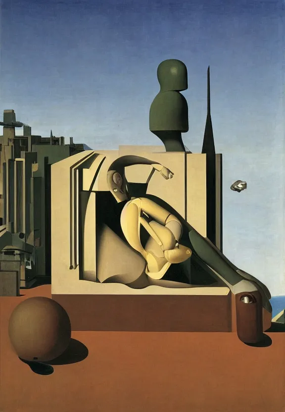 Prompt: [a portrait of a crash test dummy in a scenic environment by Giorgio de Chirico, Rene Magritte, George Tooker, Titian]