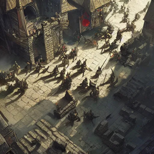 Image similar to top down battle map in a medieval town, drawn by Ruan Jia, fantasy art, dramatic lighting, digital art,highly detailed