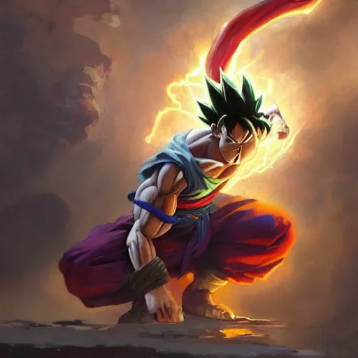 Image similar to goku, artstation, greg rutkowski, gaston bussiere, craig mullins, frank frazetta, vermeer, mucha, beautiful artwork, dramatic lighting, epic posing, energy, trending on artstation