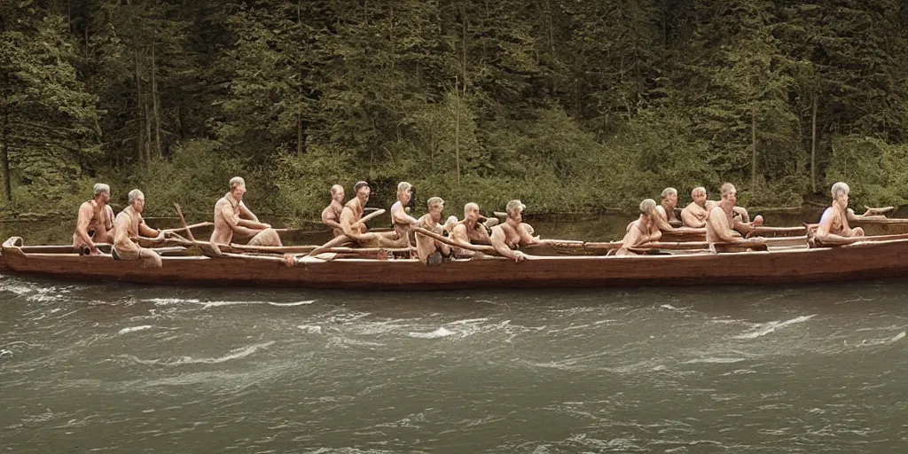 Prompt: A rustic lifeboat with oarsmen in turbulent see, by Gregory Crewdson