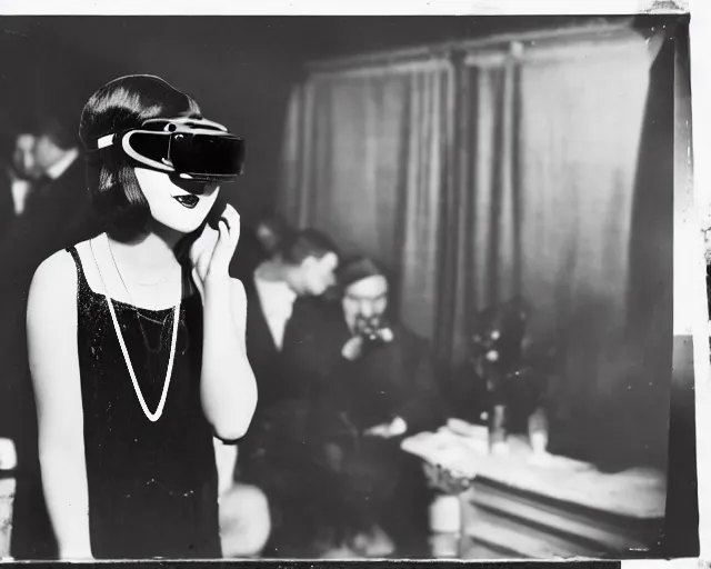 Image similar to 1 9 2 0 s photo of a flapper girl wearing a vr headset on a stage in a speakeasy