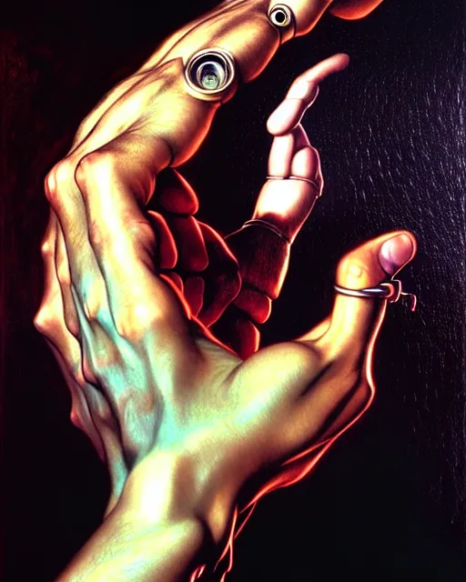 Prompt: human hand fantasy characture portrait, ultra realistic, cinematic, cinematic, wide angle, intricate details, cyborg, highly detailed by caravaggio, aaron horkey, boris vallejo, wayne barlowe, craig mullins, roberto ferri, francis bacon