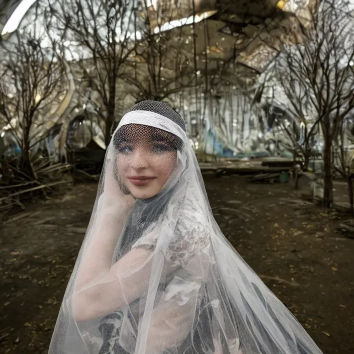 Prompt: a woman wearing a veil made of birds, in an abandoned theme park, by omar z. robles, canon eos c 3 0 0, ƒ 1. 8, 3 5 mm, 8 k, medium - format print