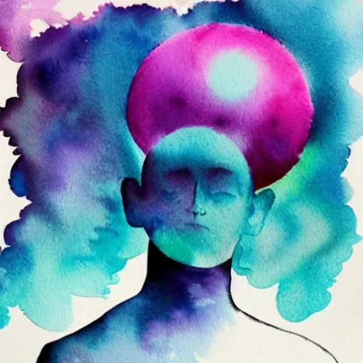 Image similar to a silhouette with its mind exploding into a beautiful watercolor dream