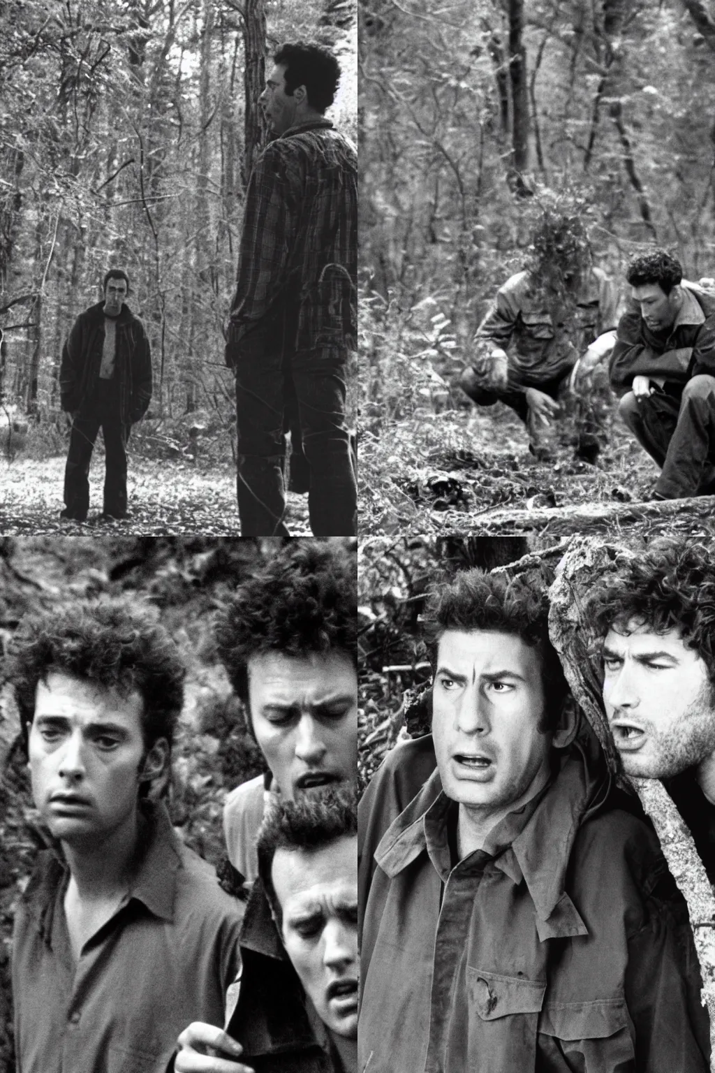 Prompt: still of Kramer and Newman in The Blair Witch Project