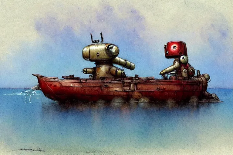 Image similar to adventurer ( ( ( ( ( 1 9 5 0 s retro future robot android mouse house boat tug boat calm stream. muted colors. ) ) ) ) ) by jean baptiste monge!!!!!!!!!!!!!!!!!!!!!!!!! chrome red