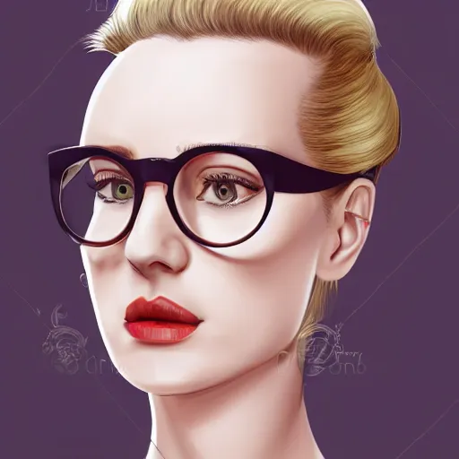 Image similar to middle aged beautiful french woman with blonde hair tied in a strict bun, spectacles, lots of makeup, arrogant, rich, expensive voluminous dress, character portrait, digital art, high quality, 8 k, detailed, d & d character,