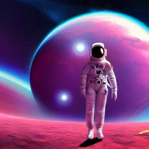 Image similar to A wide angle shot from below of a female astronaut with a feminine body walking with swagger towards camera on mars in an infinite universe , synthwave digital art