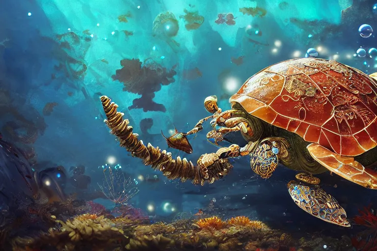 Prompt: beautiful painting of a caretta caretta wearing an armour of jewels and giant golden beetles in ocean coral reef, water bubbles, intricate details, realistic shaded , steampunk, highly detailed, artstation, illustration by Greg Rutkowski and Ruan Jia , octane render, dynamic light, volumetric light, neon lights, cinematic mood